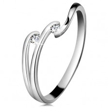 Inel cu diamant din aur alb 14K - două diamante transparente, brațe lucioase