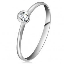 Inel din aur alb 14K - diamant transparent strălucitor în montură lucioasă, brațe înguste