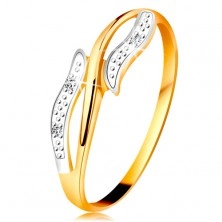 Inel cu diamante din aur 14K, brațe ondulate, în două culori, trei diamante transparente