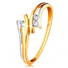 Inel cu diamant din aur 585, trei diamante transparente, brațe despicate bicolore