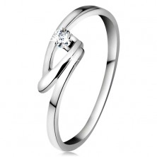 Inel din aur alb 14K cu diamant transparent, brațe îndoite