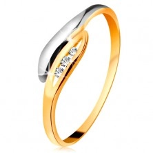 Inel cu diamant din aur 585 - frunze curbate, bicolore, trei diamante transparente