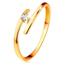 Inel din aur galben 14K - diamant transparent strălucitor, brațe subțiri alungite