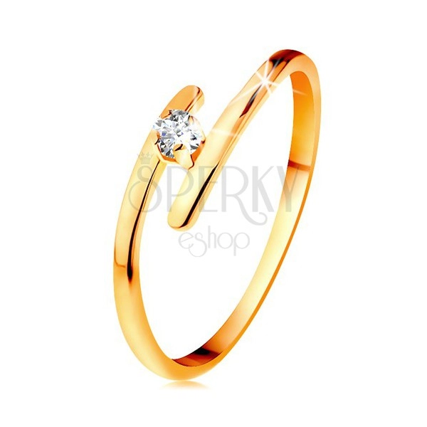 Inel din aur galben 14K - diamant transparent strălucitor, brațe subțiri alungite