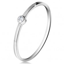 Inel din aur alb 14K - diamant transparent strălucitor în montură lucioasă, brațe subțiri
