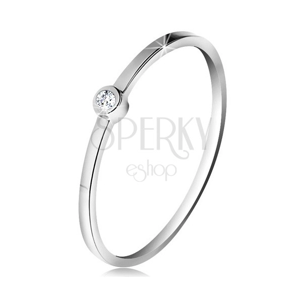 Inel din aur alb 14K - diamant transparent strălucitor în montură lucioasă, brațe subțiri