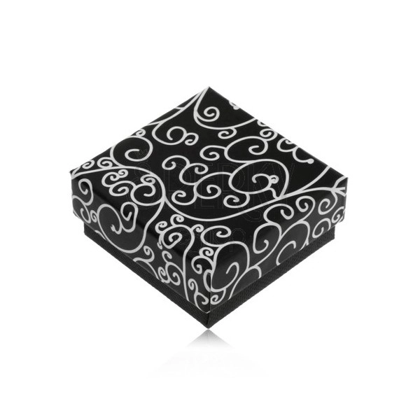 Cutiuță neagră pentru cercei sau pandantiv, model cu spirale albe
