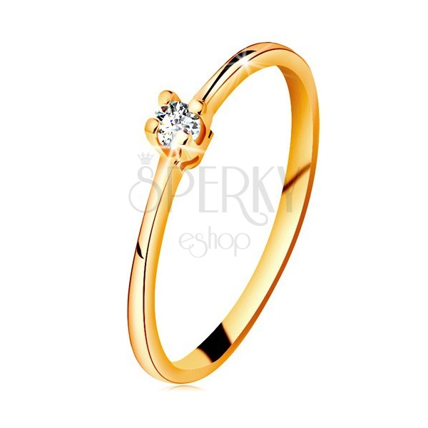 Inel din aur 585 - diamant transparent strălucitor în montură în patru puncte, brațe înguste
