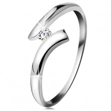 Inel din aur alb 14K - diamant transparent strălucitor, brațe lucioase curbate