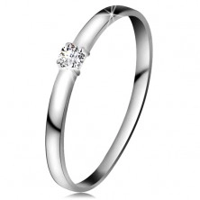 Inel din aur alb 14K - diamant transparent, brațe lucioase