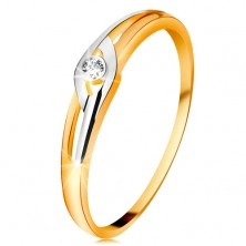Inel din aur 14K, brațe bicolore cu decupaje, diamant transparent