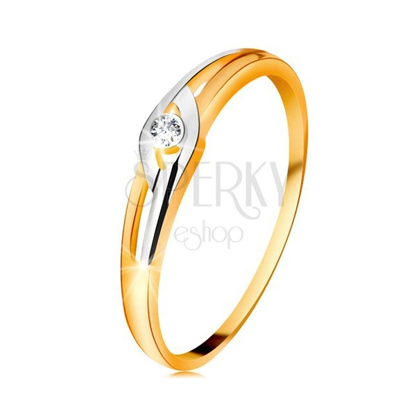 Inel din aur 14K, brațe bicolore cu decupaje, diamant transparent