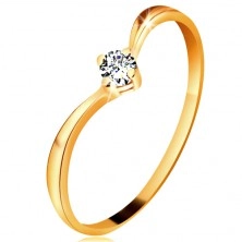 Inel din aur galben 585 - brațe lucioase curbate, diamant transparent strălucitor