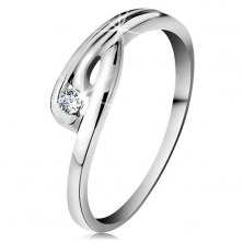 Inel din aur alb 14K - diamant transparent, brațe ondulate și crestate
