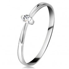 Inel din aur alb 14K - diamant transparent într-o montură în două puncte, brațe înguste