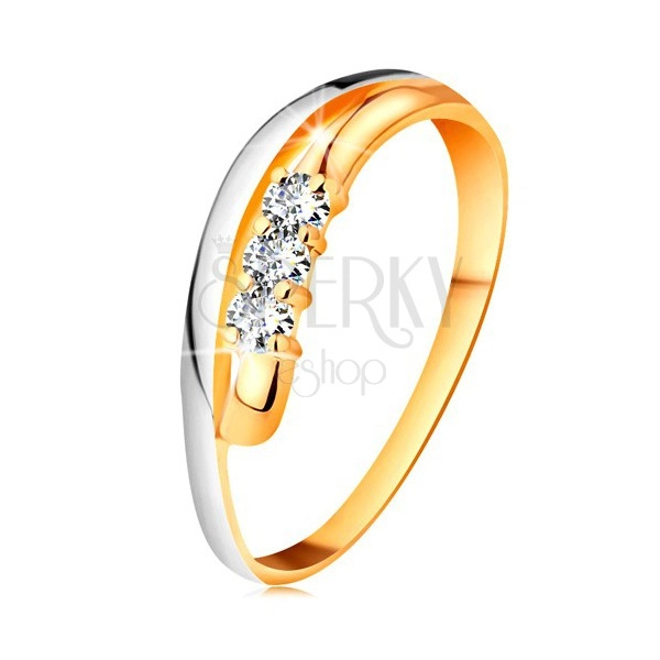 Inel cu diamant din aur 14K, brațe ondulate bicolore, trei diamante transparente