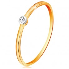 Inel din aur 585 în două culori - diamant transparent în montură rotundă, brațe înguste