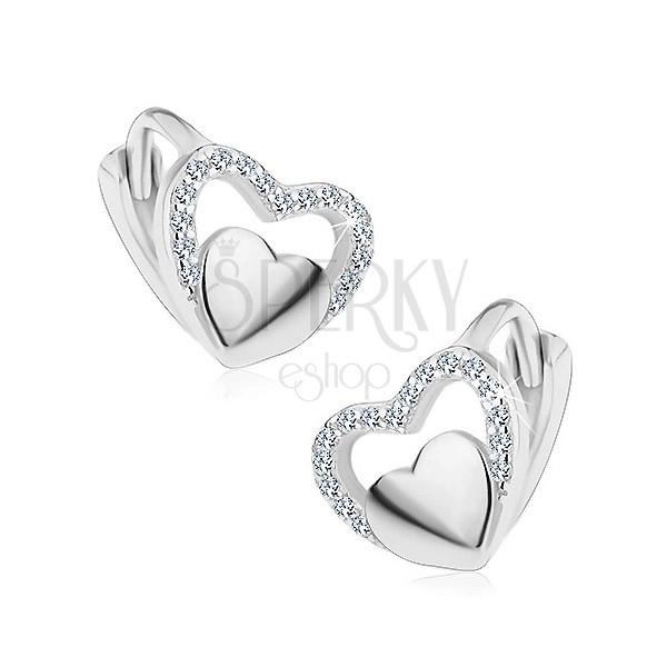 Cercei cu arc din argint 925, inimă lucioasă într-un contur strălucitor din zirconii