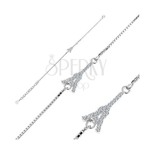 Brățară din argint 925, Turnul Eiffel cu zirconii, lanț cu zale cubice