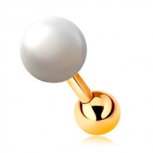 Piercing pentru ureche din aur galben 14K, perlă albă și bilă lucioasă, 6 mm