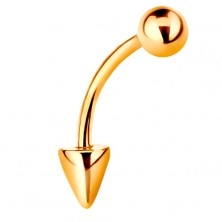 Piercing din aur 14K - tijă îndoită lucioasă cu bilă și con, 10 mm