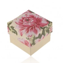 Cutiuță din hârtie pentru inel sau cercei, culoare bej-perlat cu floare roz