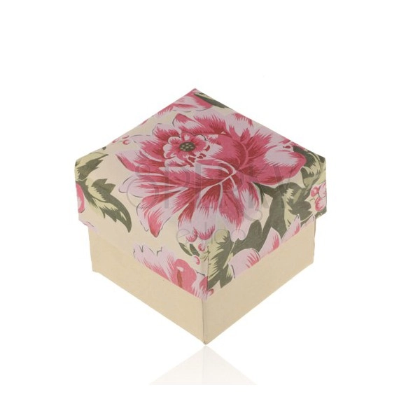 Cutiuță din hârtie pentru inel sau cercei, culoare bej-perlat cu floare roz