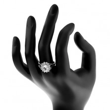 Inel cu brațe despicate, floare din zirconiu oval transparent