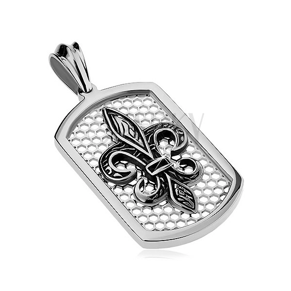 Pandantiv argintiu din oțel, plăcuță dreptunghiulară cu rețea și simbolul Fleur de Lis