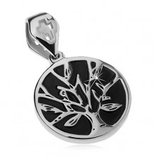 Pandantiv argintiu din oțel, cerc negru cu copacul vieții, decupaj în formă de cruce