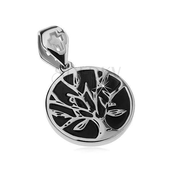 Pandantiv argintiu din oțel, cerc negru cu copacul vieții, decupaj în formă de cruce