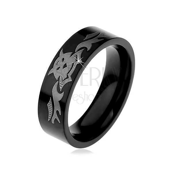 Inel din oțel, suprafață neagră lucioasă cu model de lilieci, 6 mm