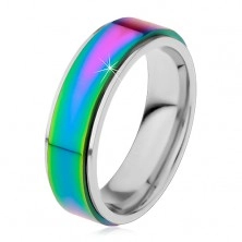 Inel din oțel 316L, bandă proeminentă în culorile curcubeului, margini argintii