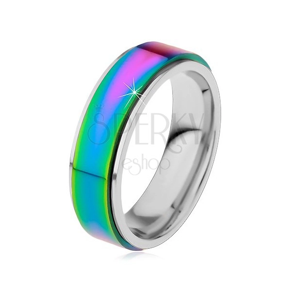 Inel din oțel 316L, bandă proeminentă în culorile curcubeului, margini argintii