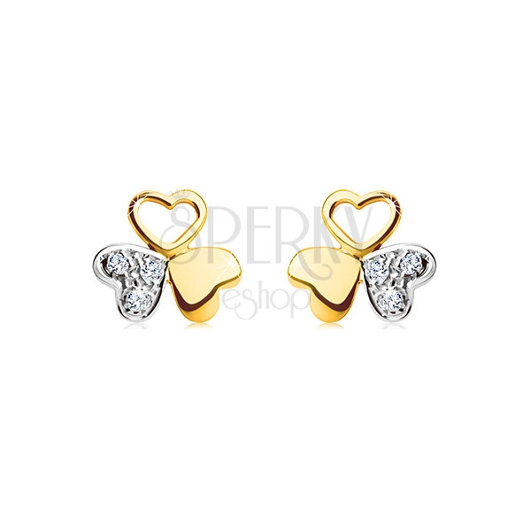 Cercei din aur de 14K - forma de trifoi lucios  compus din trei inimi