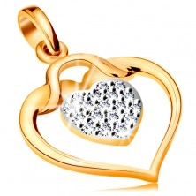Pandantiv realizat din aur 585 - contur lucios in formă de inimă cu o inimă mică din zirconiu în interior
