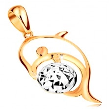 Pandantiv realizat din aur de 14K -contur in forma de delfin,bila realizata din aur alb impodobit cu crestaturi.