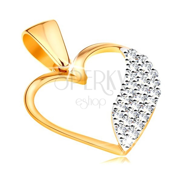Pandantiv bicolor realizat din aur de 14K -contur in forma de inima,val lat compus din zirconii transparente