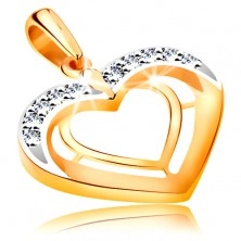 Pandantiv realizat din aur de 14K -doua contururi de inima in versiune bicolora, zirconii
