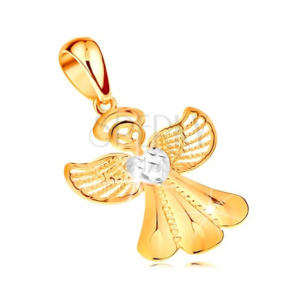 Pandantiv bicolor realizat din aur de 14K - inger lucios cu aripi filigranate si inima