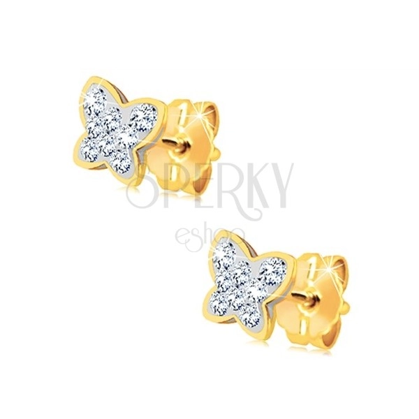 Cercei din aur galben de 14K - fluture încrustat cu cristale Swarovski