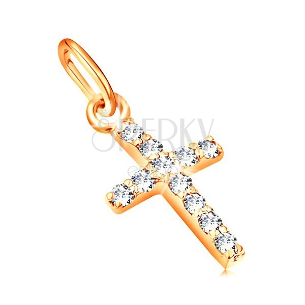 Pandantiv din aur galben 14K - cruce mică decorată cu diamante transparente