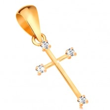 Pandantiv realizat din aur 585 - cruce lucioasă cu braţe înguste şi diamante transparente.