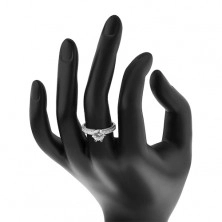 Inel de logodnă,argint 925,zirconiu rotund şi transparent,braţe cu zirconii şi crestături
