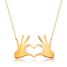 Colier realizat din aur galben de  9K  -inimă compusă din două mâini cu degete unite,lănţişor subţire 