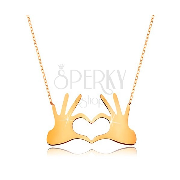 Colier realizat din aur galben de  9K  -inimă compusă din două mâini cu degete unite,lănţişor subţire 