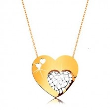 Colier realizat din aur de 9K - lanţ subţire,inimă mare decorată cu decupaje în formă de inimă mică