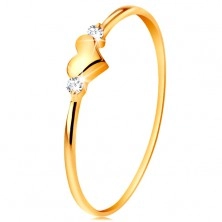 Inel realizat din aur de 14K - două zirconii transparente şi inimă lucioasă, proeminentă
