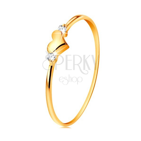 Inel realizat din aur de 14K - două zirconii transparente şi inimă lucioasă, proeminentă