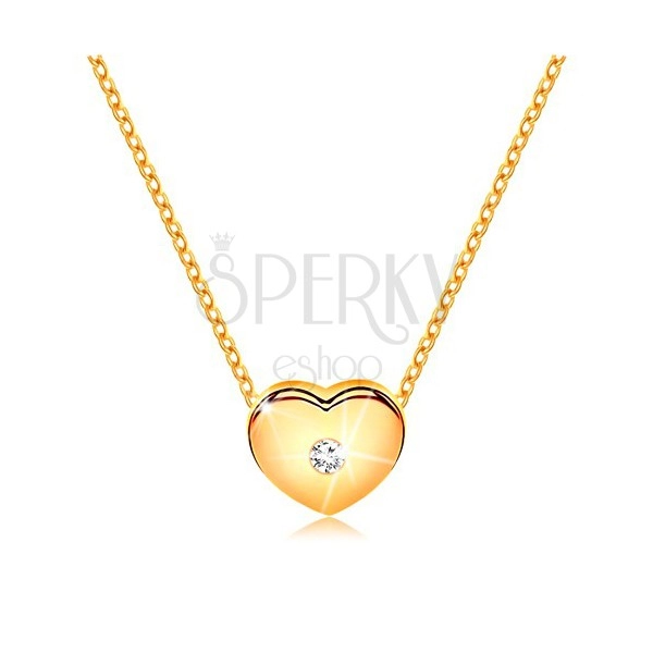 Colier cu diamant, realizat din aur galben de 14K - inimă cu diamant transparent, lanţ subţire